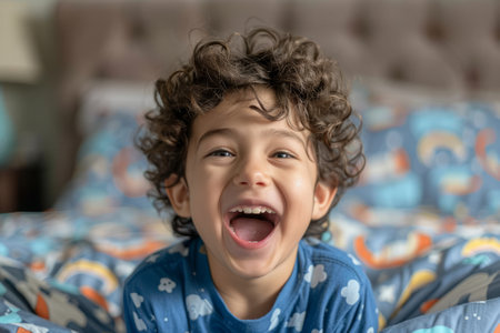 Little Boy Wakes Up with Joyful Laughter in Cozy Bedの素材