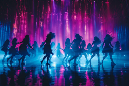 Energetic neon dance performance with silhouettes of dancers on stage with colorful lights and reflections. Concept of music, entertainment, and vibrant nightlifeの素材