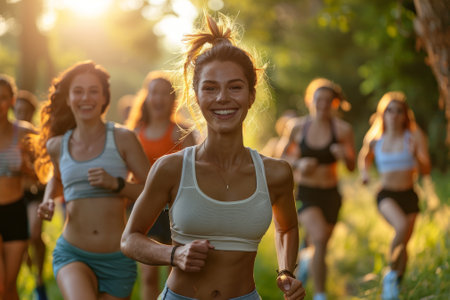 Group of Young Women Running Together Outdoors in Nature at Sunset. Fitness, Friends, and Funの素材