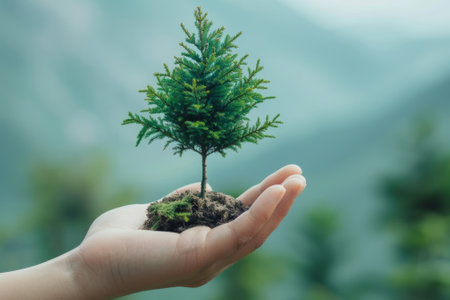 Close up of Hand Holding Young Plant with Blurred Forest Background, Representing Concepts of Environmentalism, Growth, and Sustainabilityの素材
