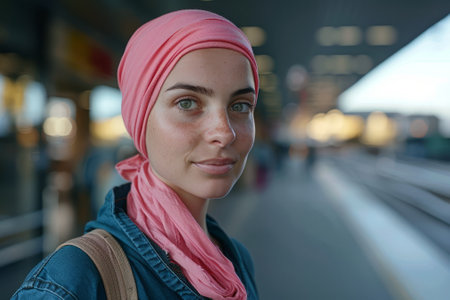 Portrait of Young Woman with Cancer Wearing Pink Headscarf at Train Stationの素材