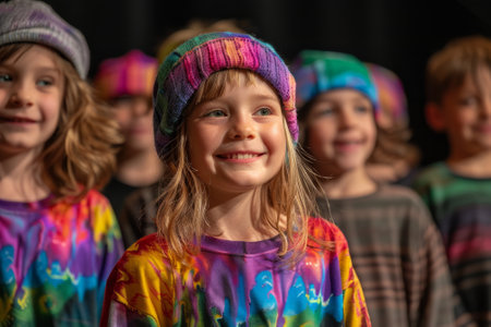 Smiling Child Performs in Choir with Tie Dye Shirts and Colorful Hatsの素材