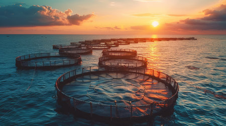 Sunset Over Ocean Fish Farm with Floating Cages for Salmon Aquaculture and Seafood Productionの素材
