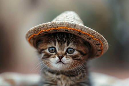 Adorable Tabby Kitten Wearing a Straw Hat, A Portrait of Feline Cutenessの素材