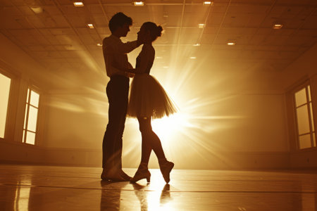 Romantic Couple Performing Ballet Pas de Deux in Sunlit Dance Studioの素材