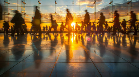 Silhouettes of Business People Rushing Through Airport at Sunset. Travel, Business, and Transportation Hubの素材