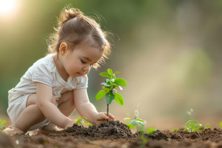 Young Girl Planting Seedling in Garden Sunlight, A Symbol of Growth, Nature, and Environmental Awarenessの素材