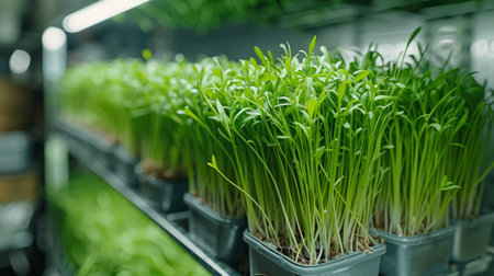 Microgreens Growing in Indoor Vertical Farm or Greenhouse. Sustainable Agriculture and Healthy Eatingの素材