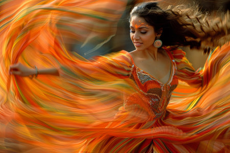 Beautiful Indian Woman Dancing in Traditional Dress with Flowing Fabric and Jewelryの素材