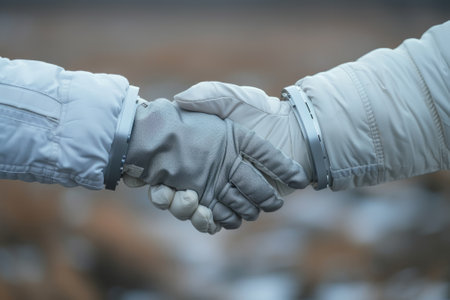 Handshake between two scientists in protective suits, collaboration and partnership in scientific research or hazardous environmentの素材