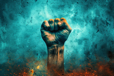 Fist of a man in the fire on a blue background.の素材