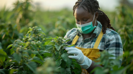 Young Black Woman Farmer Inspects Hemp Plants in Field at Sunset Wearing Face Mask and Glovesの素材