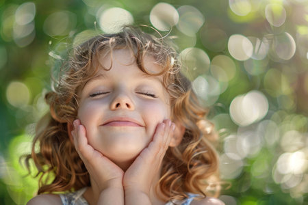 Joyful curly haired child enjoying natures beauty with closed eyes and blurred bokeh lights. Concept of childhood innocence, wonder and connection with the natural worldの素材