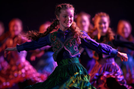 Vibrant dance performance with colorful costumes and lighting showcasing cultural diversity and artistic expressionの素材