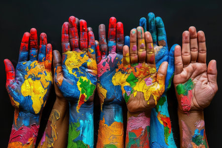 Hands Painted in Vibrant Colors Depicting World Unity and Global Harmonyの素材