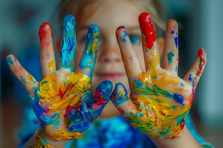 Colorful painted hands of a child expressing creativity and joy through art. Vibrant colors splashed on little hands showcasing imagination and freedom. World Art Day Conceptの素材