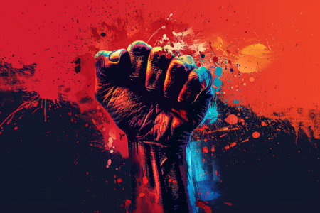 Powerful Fist of Resistance and Revolution on Grungy Background. Concept of Protest, Freedom Fight, and Social Justice Movement.の素材