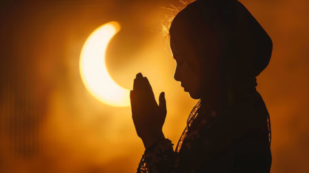 Silhouette of young Muslim girl praying with hands together against backdrop of crescent moon, symbolizing Ramadan, Islam, and spirituality.の素材