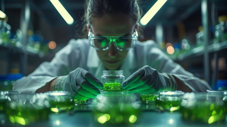 Scientist Working with Genetically Modified Plants in Laboratory, Conducting Research in Modern Agriculture Scienceの素材