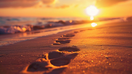 Serene Sunset Beach Footprints, Waves Lapping Golden Sandy Shore, Tranquil Coastal Sceneryの素材