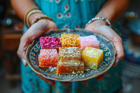 Woman Holding Plate of Colorful Turkish Delight Candy, Traditional Dessertの素材