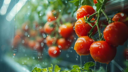 Ripe Red Tomatoes Growing in Hydroponic Greenhouse with Water Dropletsの素材