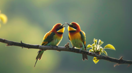 Pair of colorful bee eaters perched on branch, beaks touching in affectionate moment, vibrant feathers against blurred natural backgroundの素材