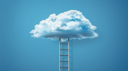 Ladder reaching fluffy cloud in blue sky, concept of ambition, goals, opportunity and successの素材