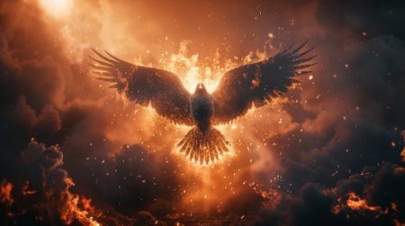 Phoenix Rising from Ashes in Firestorm Rebirth, Fantasy Bird Illustrationの素材