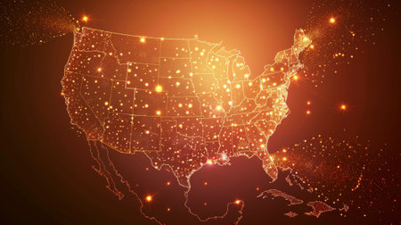 United States Map Outline with Network of Connections and City Lights. Concept of Business, Travel, Technology and Global Communications.の素材