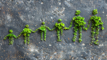 Family of five figures made of green plants growing on a rock wall. Concept of family, growth, nature, and environmentの素材
