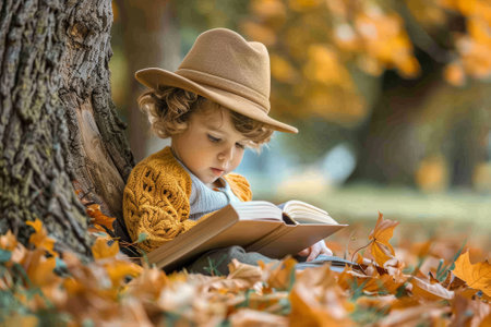 Cute child reading book under tree in autumn park. Concept of imagination, childhood, and fall season.の素材