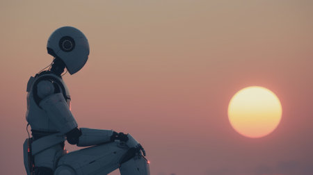 Lonely futuristic robot sits at sunset, contemplating existence, artificial intelligence and the future of humanity.の素材