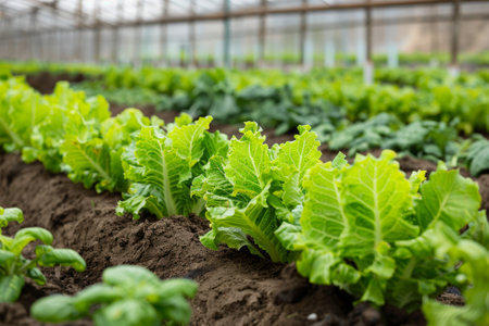 Rows of Fresh Green Lettuce and Basil Growing in Greenhouse Farm. Concept of Healthy Eating, Organic Agriculture and Local Produceの素材