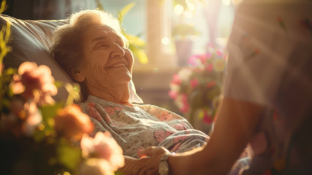 Elderly Woman Receiving Care From Nurse At Home Or Hospital. Senior Care, Home Care, Elderly Careの素材