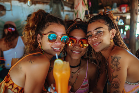 Three Diverse Young Women Friends Enjoying Drinks and Beach Bar Funの素材