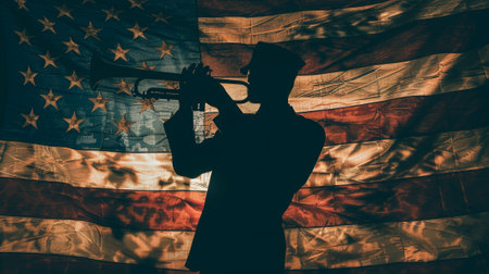 Silhouette of a soldier playing the trumpet against the backdrop of the American flag. Honoring veterans, military service, sacrifice, and patriotism.の素材