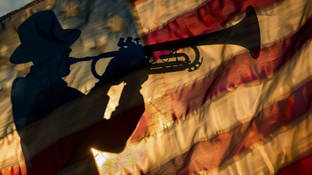 Silhouette of a Soldier Playing Trumpet Against American Flag. Honoring Veterans and Patriotismの素材