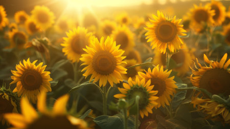 Golden Hour in a Sunflower Field.  Sun Beams over Vibrant Yellow Flowersの素材