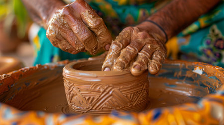 Skilled Artisan Molding Clay on a Potter Wheel, Creating Intricate Designs with Traditional Techniquesの素材