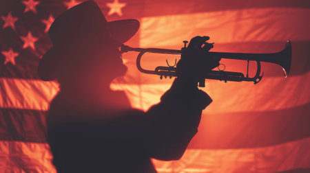 Silhouette of a Soldier Playing Trumpet Against American Flag. Honoring Veterans and Patriotismの素材