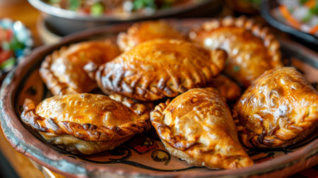 Delicious Homemade Empanadas. A Close Up of Golden Brown Pastries on a Rustic Plateの素材