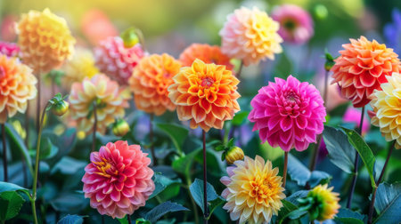 Vibrant Dahlia Garden. Colorful Dahlias in Bloomの素材