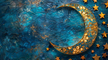 Golden crescent moon and stars on a textured blue background. Ramadan Kareem greeting card, Islamic decoration.の素材