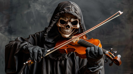 Skeleton in black cloak playing a violin, surrounded by dark, smoky background. Concept of Halloween, death, darkness, gothic, and spooky music.の素材