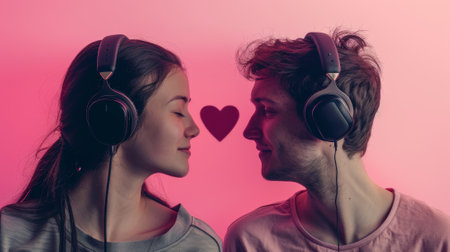 Romantic Couple Sharing Headphones. Enjoying Music and Loveの素材