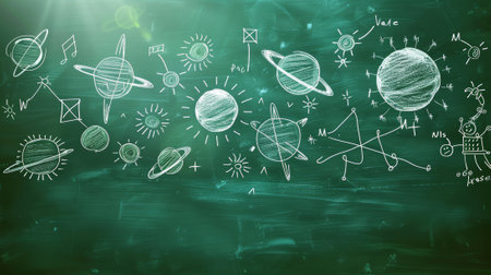 Chalkboard with drawings of planets, stars, and an astronaut, representing education, astronomy, and space exploration.の素材