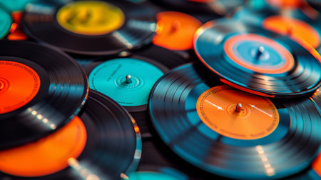 Vinyl Records.  Closeup of Colorful Vintage Music Discsの素材