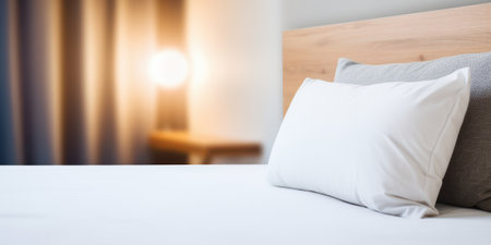 White Pillows and Bed in a Hotel Room. Comfortable pillows on a bed with a warm blurred background, concept for travel, vacation, relaxation.の素材