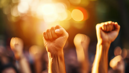 Crowd of people with raised fists demonstrating for their rights. Concepts. protest, revolution, freedom, power.の素材
